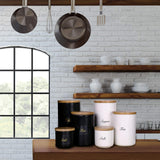Yangbaga Black Canisters Sets for Kitchen-Set of 3 Coffee Canisters for Countertop with Airtight Wood Lids/Spoons/Stickers, Ceramic Food Storage Containers for Large Suger,Coffee,Tea (42/30/9OZ) Yangbaga