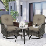 TIMWNER 3-Piece Swivel Rocker Wicker Chair Set of 2 ，360-Degree Rocking Chairs Outdoor with Cushions，Glass Table for Garden,Backyard, Bistro.Brown TIMWNER