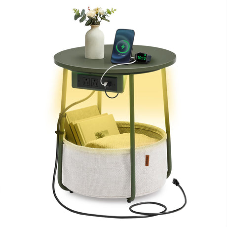 VASAGLE Side Table with Charging Station, Round End Table with Fabric Basket, LED Nightstand with Power Outlets, USB Ports, for Living Room, Bedroom, Modern, Forest Green and Cream White ULET227C01 VASAGLE