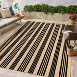 OJIA Outdoor Patio Rug 5'x7', Black and Tan Striped Outdoor Rugs Machine Washable Area Rugs Cotton Hand Woven Indoor Outdoor Rugs for Bedroom/Living Room/Front Porch/Deck/Backyard/Camping OJIA