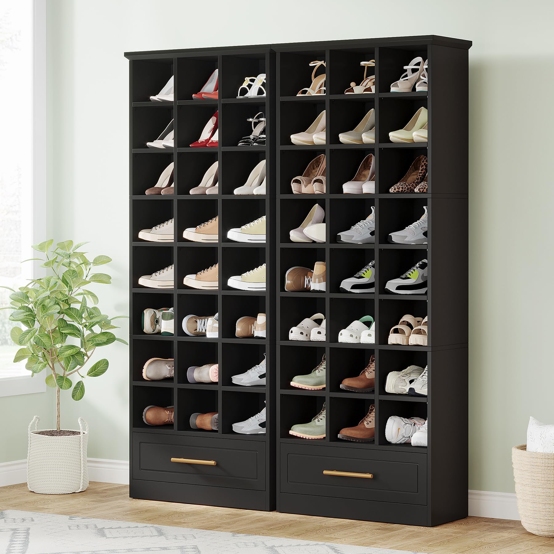 Tribesigns Set of 2 Black Shoe Cabinet, 71" Tall Wooden Shoe Cabinet with Bottom Drawer, 71" Freestanding Shoes Storage Orgainzer with 24 Cubbies for Closet, Entryway (2, Black) - WoodArtSupply