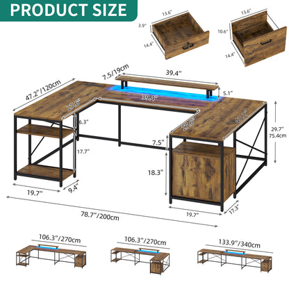 YITAHOME U Shaped Desk with Power Outlets & LED Lights, 79" Reversible L Shaped Desk with Drawers, Corner Computer Desk Office Desk with Monitor Stand & Storage Shelves, Rustic Brown - WoodArtSupply