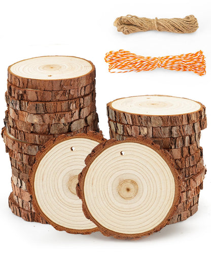 Unfinished Wood Slices with Holes for Crafts 3.5-4 inches Round Wood Circles with Bark Natural Wooden Slices Craft Wood Slices for Ornaments Bulk Blank Wood Circles Wooden Chips Round Wood Chips 26PCS