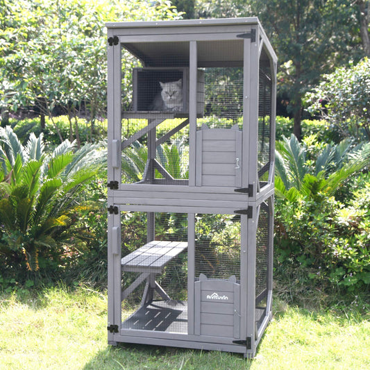 Aivituvin Cat Catio Outdoor Cat House Wooden Large Enclosure with Run on Wheels 70.9" Upgraded Version Catio with Reinforcement Strip,Waterproof Roof (Grey) - WoodArtSupply