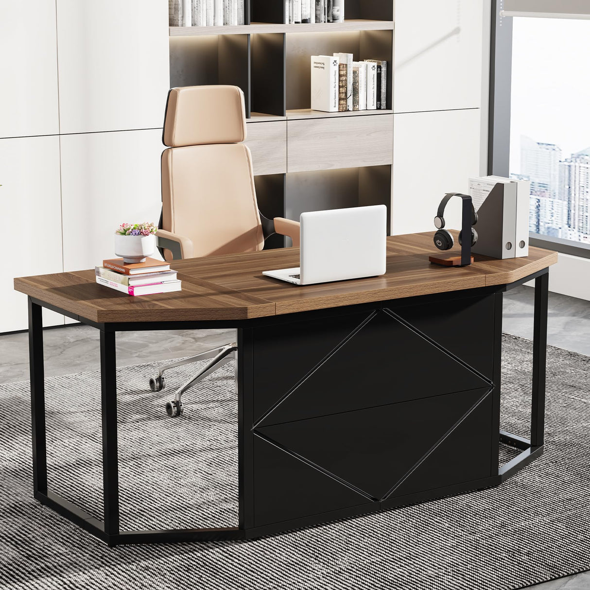 Tribesigns 63 Inch Executive Desk, Large Computer Desk with Privacy Panel, Modern Simple Style Home and Office Desk, Gaming Desk Writing Table Study Desk Business Furniture, Brown and Black Tribesigns