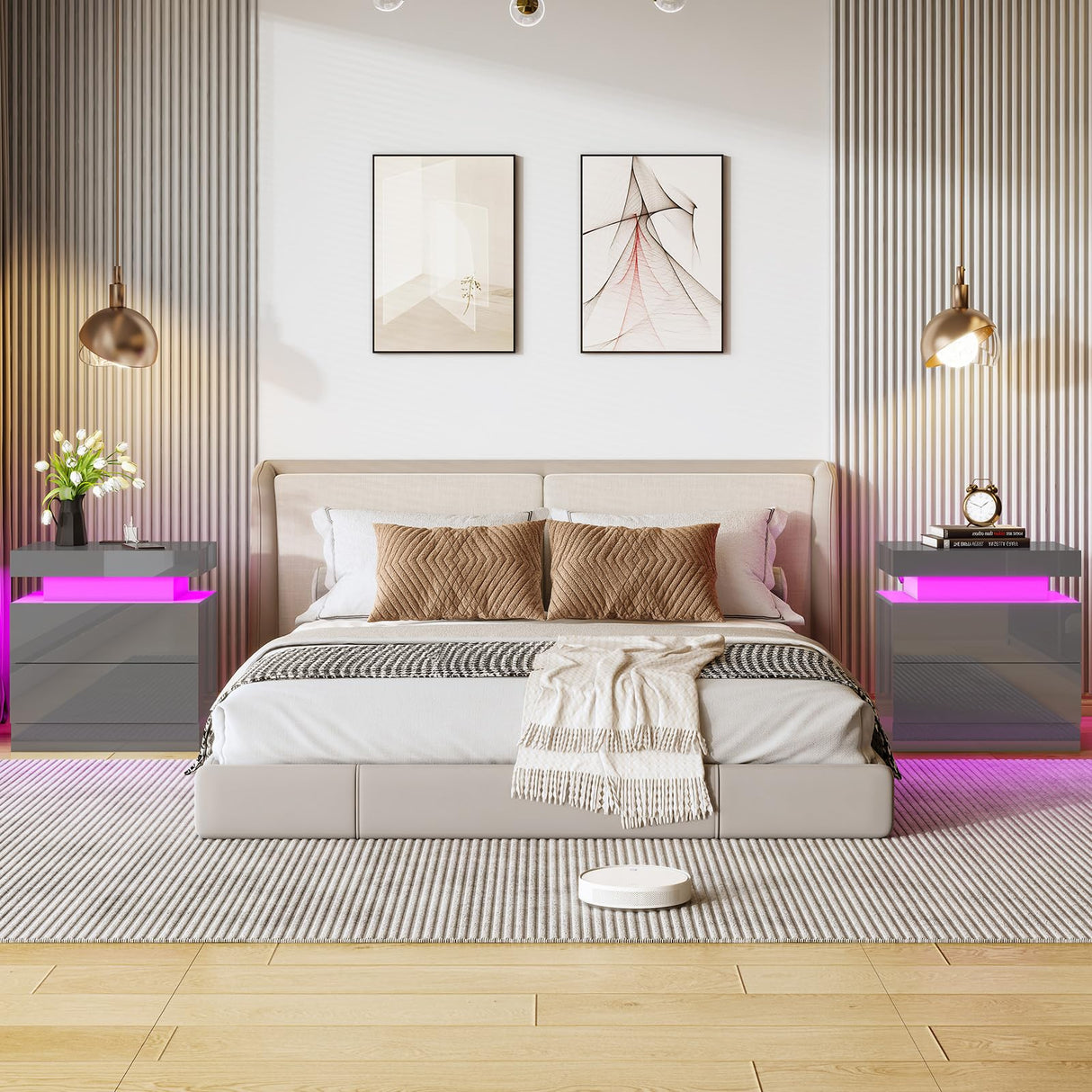 AMERLIFE High Gloss LED Nightstand Set of 2 with Charging Station, Modern Bedside Table Night Stand with LED Lights, Sofa End Side Tables with Drawers for Bedroom Living Room, Gray AMERLIFE