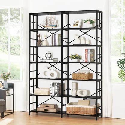 HOMISSUE 84" Double Wide Industrial 7-Tier Black Bookshelf with Open Shelves - WoodArtSupply