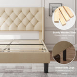 Feonase King Size Bed Frame with Wingback Tufted Headboard, Upholstered Platform Bed Frame with Heavy Duty Wooden Slats Support, Noise-Free, No Box Spring Needed, Easy Assembly, Beige Feonase
