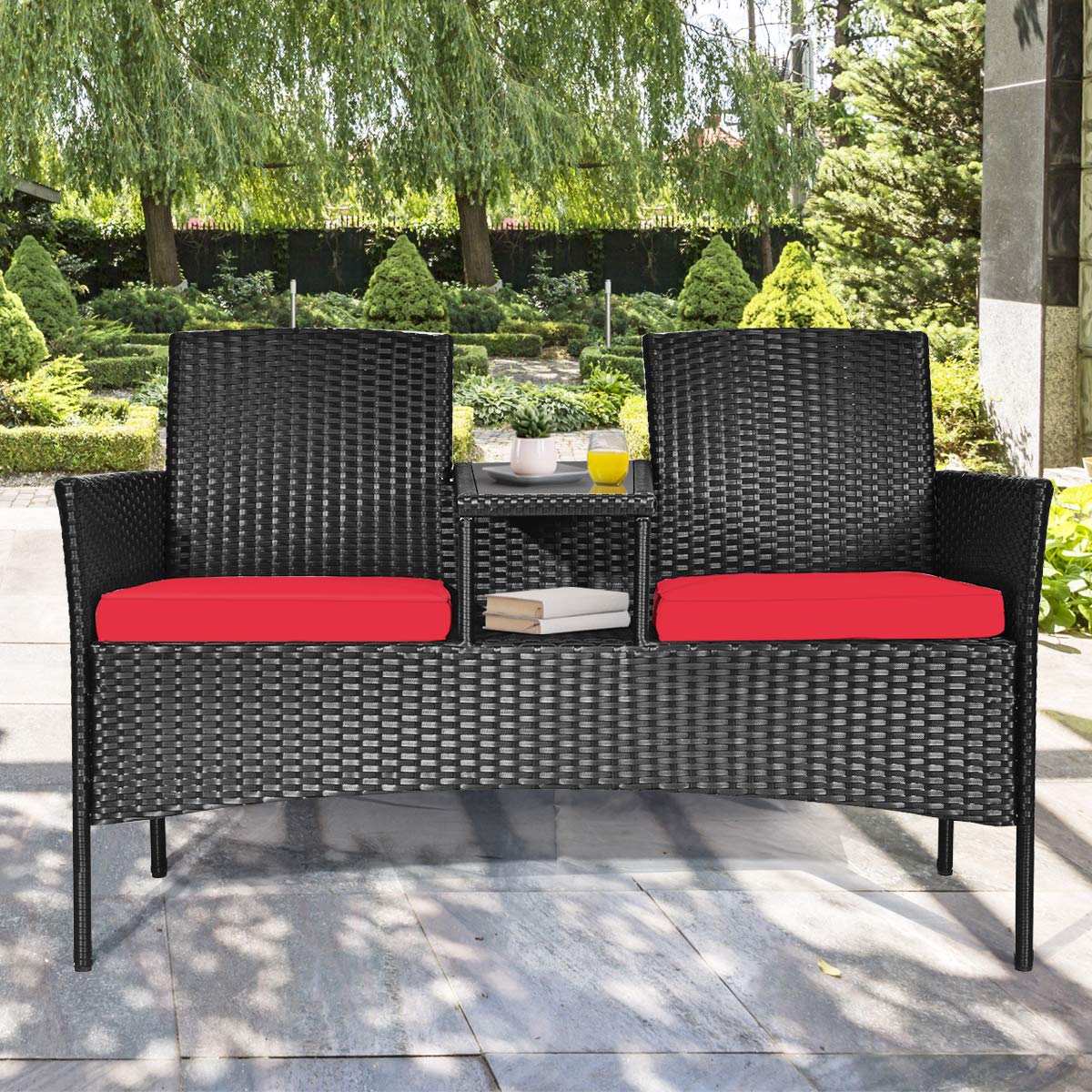 Tangkula Wicker Patio Conversation Furniture Set, Outdoor Furniture Set with Removable Cushions & Table, Tempered Glass Top, Modern Rattan Bench for Garden Lawn Backyard Tangkula