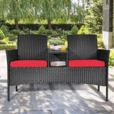 Tangkula Wicker Patio Conversation Furniture Set, Outdoor Furniture Set with Removable Cushions & Table, Tempered Glass Top, Modern Rattan Bench for Garden Lawn Backyard Tangkula