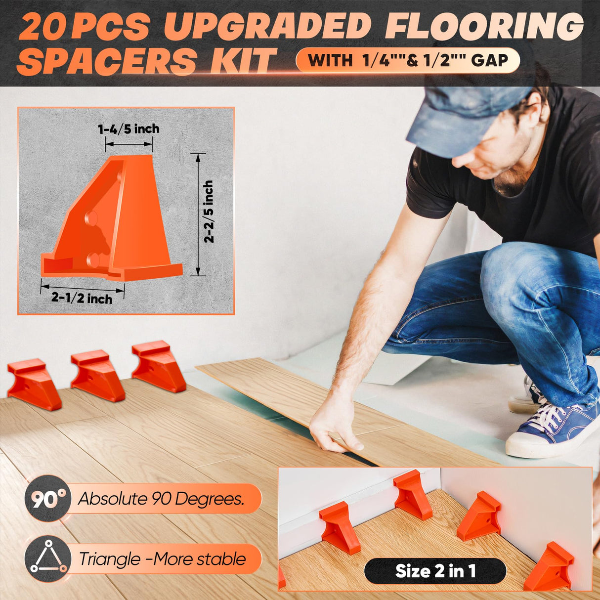 Saker Laminate Flooring Tools, 65-Piece Wood Flooring Installation Kit with 60 Flooring Spacers,Tapping Block with Handle, Pull Bar, 10”Contour Gauge, Rubber Mallet, Tape Measure Saker