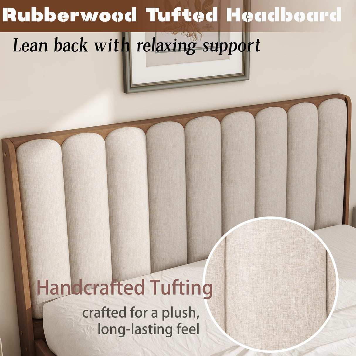 Mirightone Wood King Size Bed Frame,Tall Upholstered Tufted Headboard, Platform Bed King with Solid Rubber Wood Legs, Modern Style - No Box Spring Needed, Walnuts with Beige Mirightone