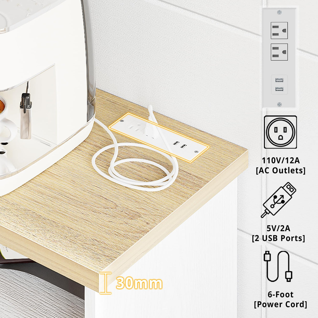 IRONCK Coffee Bar Cabinet with Power Strip, 47" Storage Cabinet with Barn Doors and Thickened Top Board, White Sideboard, Buffet for Dinning Room, Kitchen, Living Room IRONCK