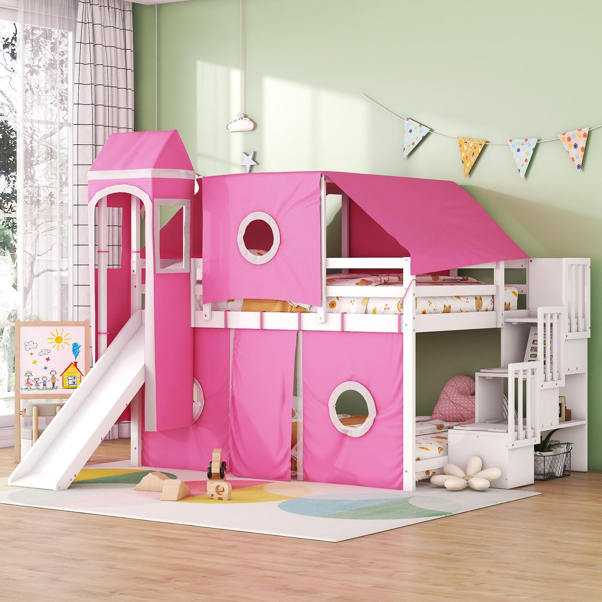 Merax Low Loft Bed Full Size with Slide and Storage Stairs, Wood Loft Bed with Tent & Tower, for Boys & Girls, Pink Merax