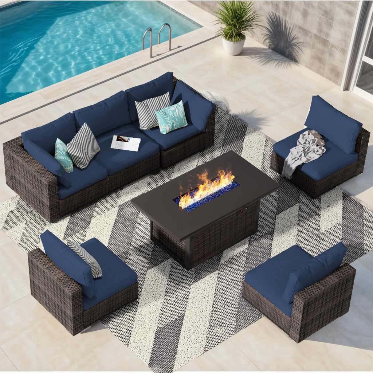 gaildon 7 Piece Patio Furniture Set with 42" Fire Pit Table Outdoor Sectional Conversation Sofa Set with Coffee Table and Comfortable Cushions, Blue gaildon