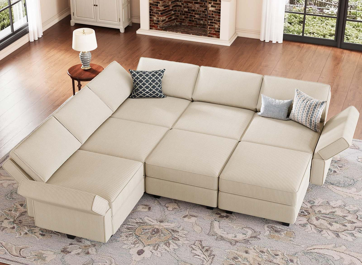 Belffin Modular Sectional Sofa with Storage Ottoman Seats, Corduroy Oversized Convertible Modular Sofa Bed Sectional Couch for Living Room, Beige