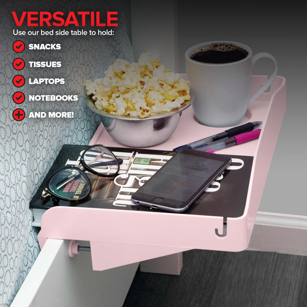 Modern Innovations Bedside Shelf for Bed, College Dorm Room, Bunk Bed Shelf for Top Bunk, Clip On Nightstand, Baby Changing Table Tray, Cup Holder for Kids, Bunkbed Caddy for Table Storage (Pink) Modern Innovations