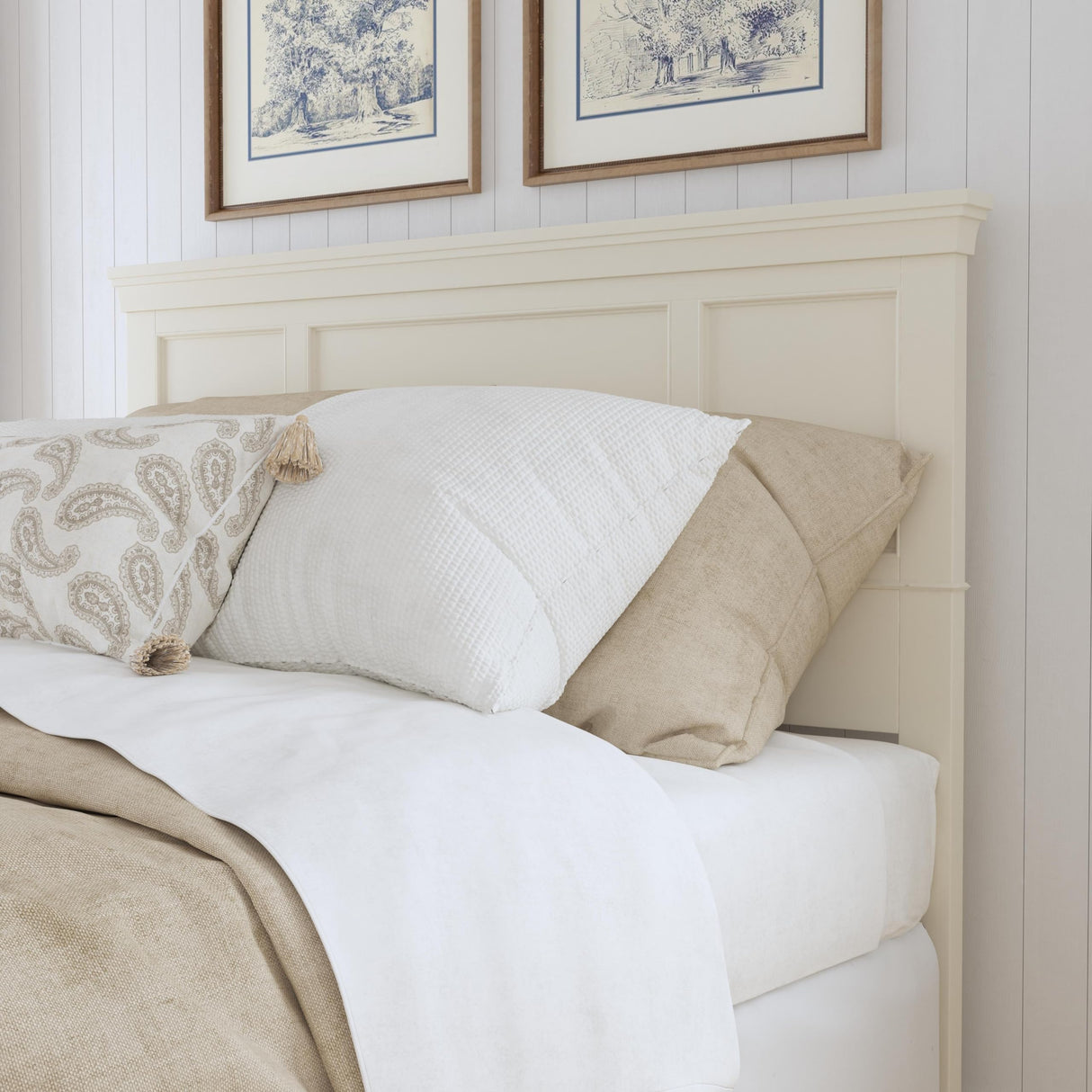 Home Styles Naples White Queen Headboard with Mahogany Wood Solids, Brush Stroke Finish, Raised Panel Design, and Rich White Finish homestyles