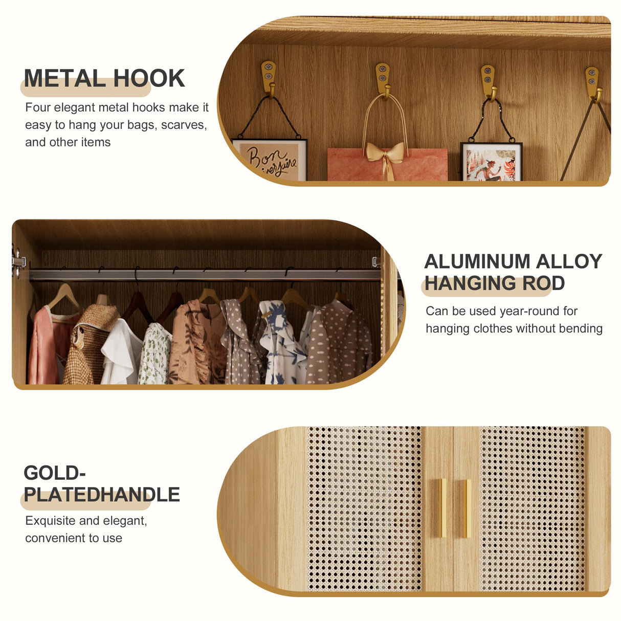 PAKASEPT 3 Doors Farmhouse Armoire Wardrobe Closet with Rattan,71'' Tall Freestanding Wooden Wardrobe Storage Cabinet for Bedroom with Hanging Rod,Vanity Mirror,Drawers,Clothes Hook,Shelves,Natural PAKASEPT