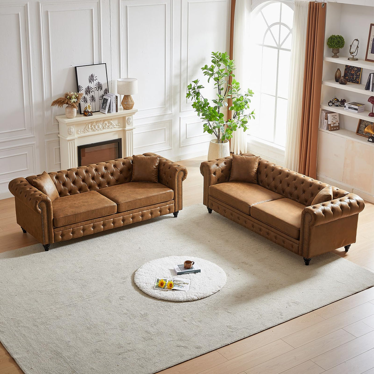 Modern Chesterfield Sofa Couch, 63.5-inch Tech Fabric Loveseat Sofa with Rolled Armrests and Tufted Button for Living Room, Office, Brown Antetek