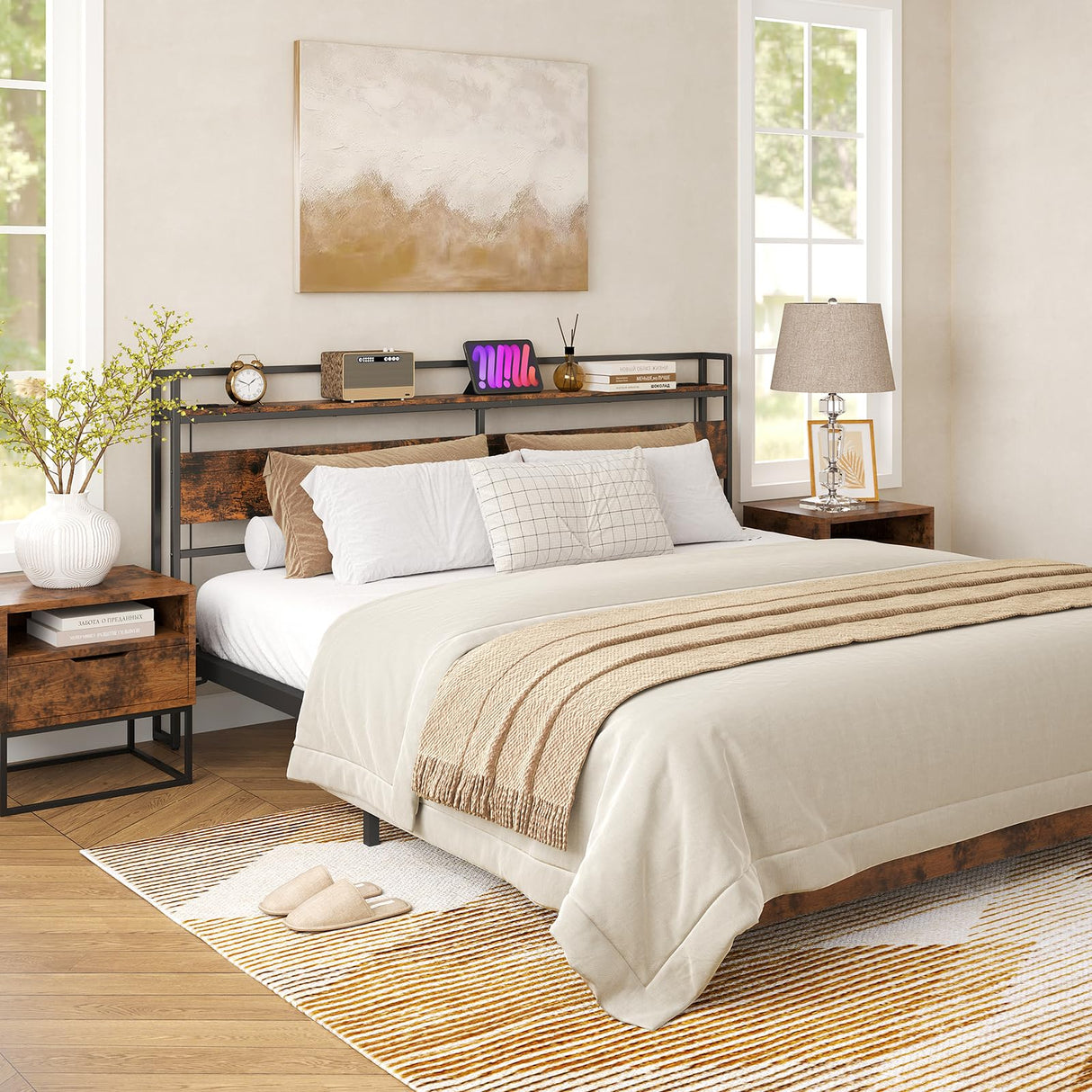 Rustic Brown ELYKEN King Size Headboard with Power Outlet & LED Strip Lighting ELYKEN