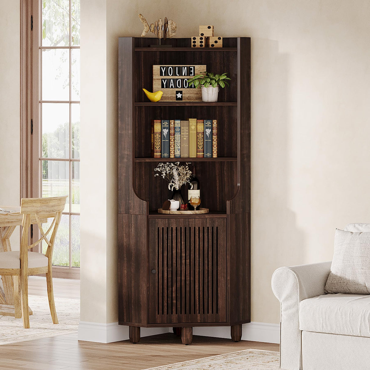 Tribesigns 68-Inch Tall Corner Cabinet, Farmhouse Corner Cabinet with Doors, 6-Tier Storage Cabinet with Removable Shelf for Living Room, Kitchen, Bathroom, Brown Tribesigns