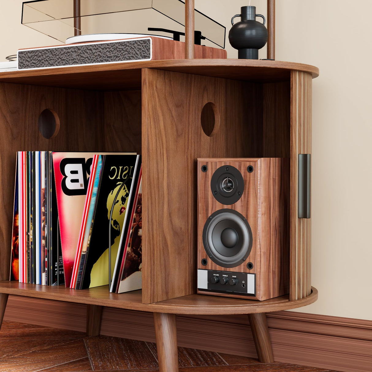 Tall Vinyl Record Player Stand, 4 Tier Arched Bookshelf with Sliding Doors, Retro Small Record Storage Cabinet, Fluted Media Display Shelf, Mid Century Modern Turntable Stand for Living Room, Walnut Woemtoric