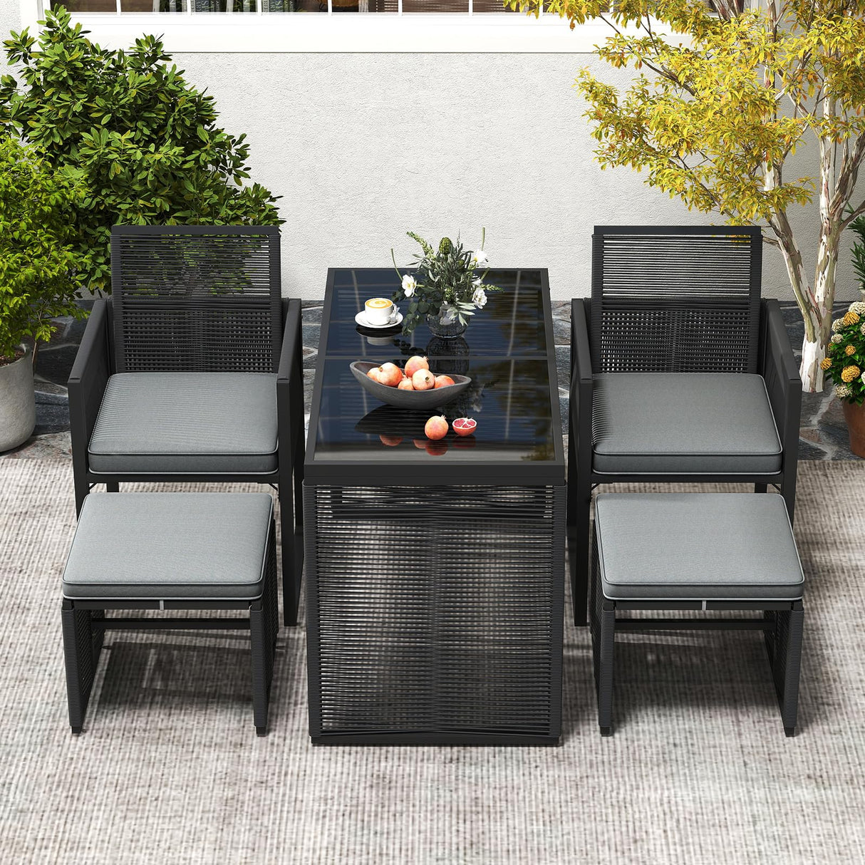 Tangkula 5 Pieces PE Wicker Patio Dining Set, Outdoor Conversation Set with Cushions, Space-Saving Patio Rattan Chair and Tempered Glass Table Set with Ottomans for Garden, Backyard & Poolside Tangkula