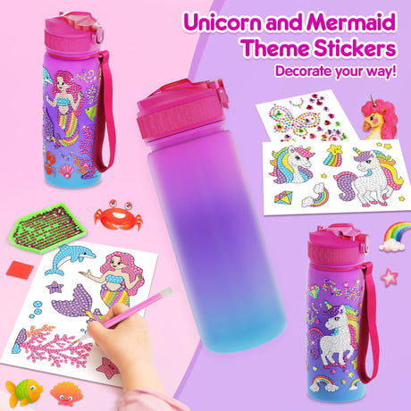Mocoosy Decorate Your Own Water Bottle Kit for Girls, Art Crafts for Kids Ages 4-6-8-12, Unicorn & Mermaid Diamond Art Painting Toys Summer Craft Activity Birthday Gift Ideas for Girls 5-10 Years Old Mocoosy