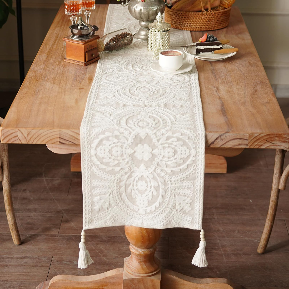 Artbloss Embroidered Table Runner Boho Farmhouse Dresser Scarf Macrame Rustic Lace Doily with Tassel for Kitchen Indoor Outdoor Fireplace (Beige, 14 x 56 Inches) Artbloss