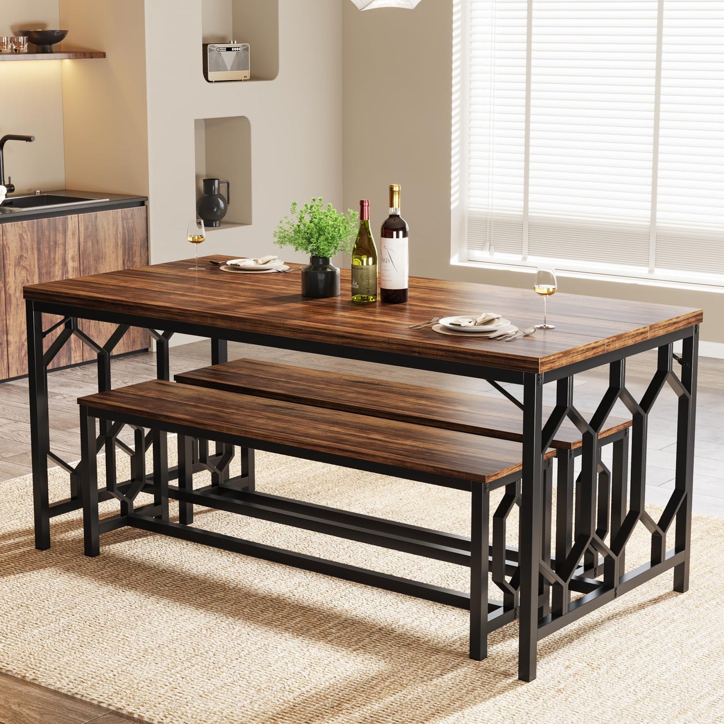 Tribesigns 55-Inch Rustic Brown & Black Dining Table Set with 2 Benches for 4 to 6 People