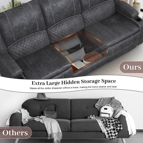 Yolsali 3-Seater Recliner Sofa, Manual Reclining Couch with Multi-Functional Middle Seat, Reclining Sofa for Living Room with Hidden Storage Space, Cup Holders, and Removable Console - Grey Yolsali
