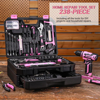 Pink Tool Kit Box Drill Set：DEKOPRO Home Mechanic Toolbox with 12V Power Cordless Drill Hand Repair Tools Sets Combo Kits Storage Organizer Drawer Case for Women - WoodArtSupply