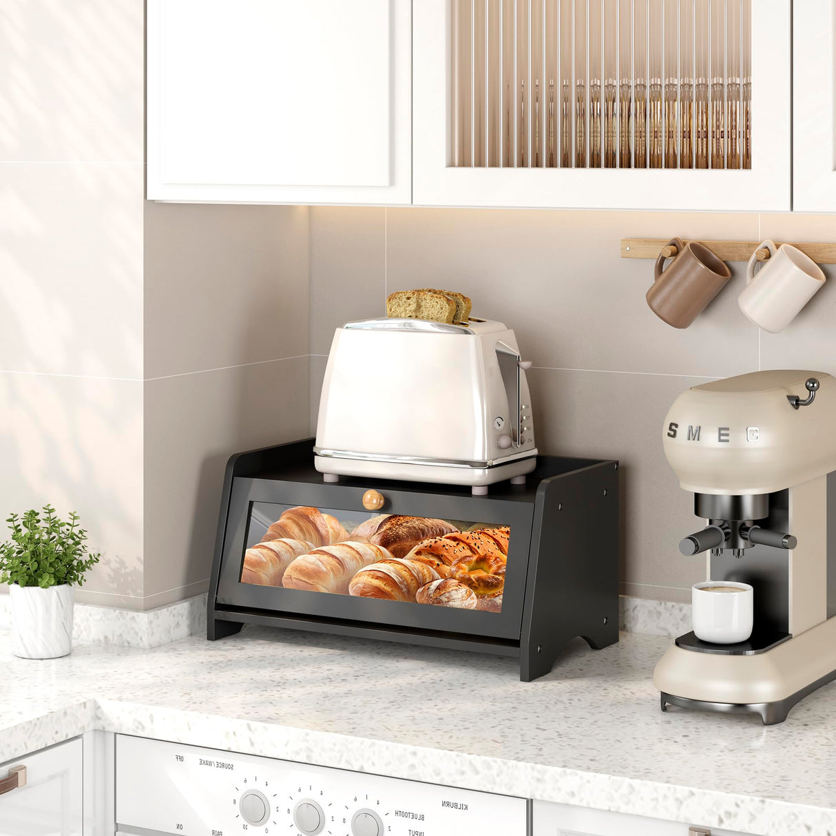 JANSNIMEN Bread Box for Kitchen Countertop, Large Bread Container Storage, Wooden Farmhouse Bread Box with Window Bread Holder (Black) JANSNIMEN