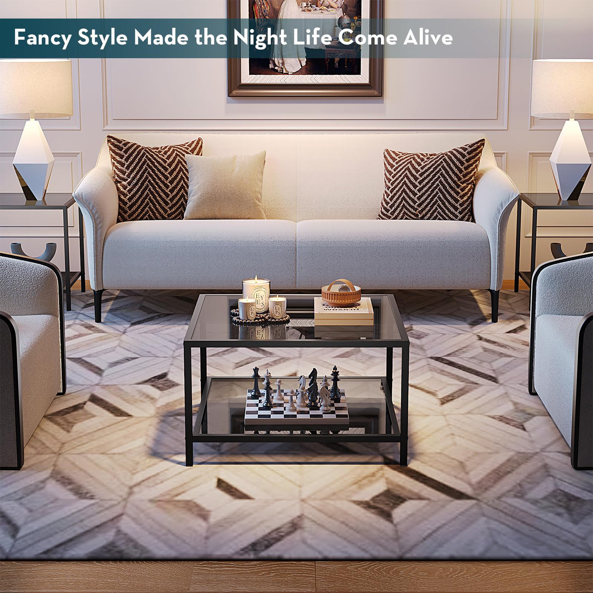 SAYGOER Modern Coffee Table Small Glass Coffee Table with Storage 2-Tier Simple Square Center Table for Living Room Home Office Sofa Table with Metal Frame 26.7 x 26.7 x 17.7 Inches, Gray Black SAYGOER