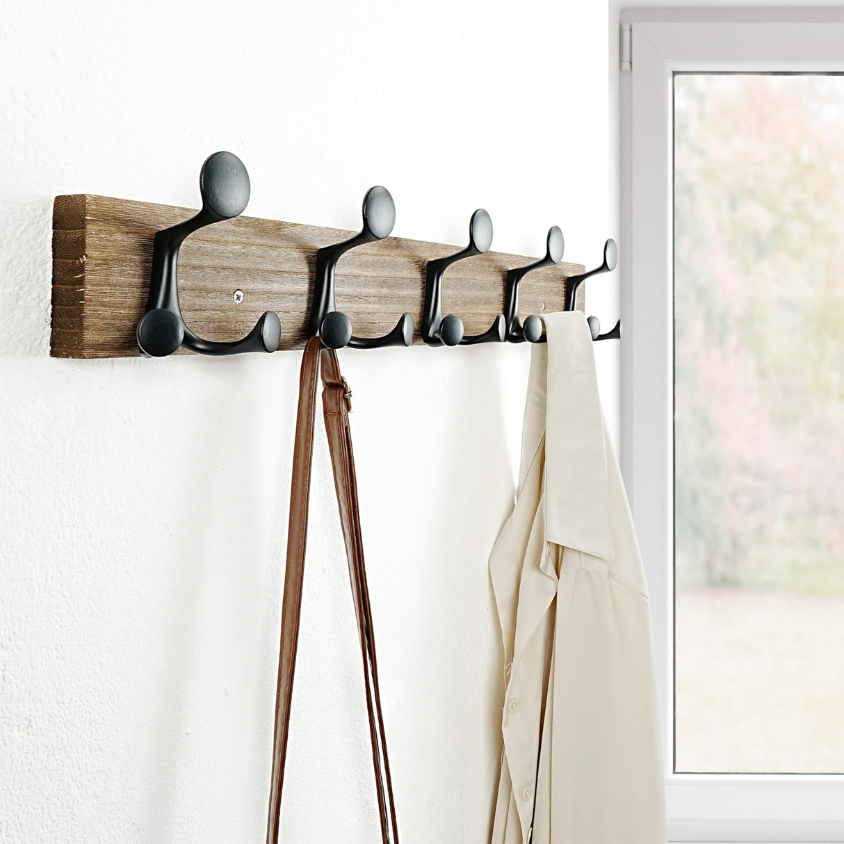 SKOLOO 24-Inch Wood Burnt Coat Rack Wall Mount with 5 Triple Hooks - Ideal for Family Entrances, Classrooms, and Pet Supplies Storage - Perfect Coat Hooks for Wall SKOLOO