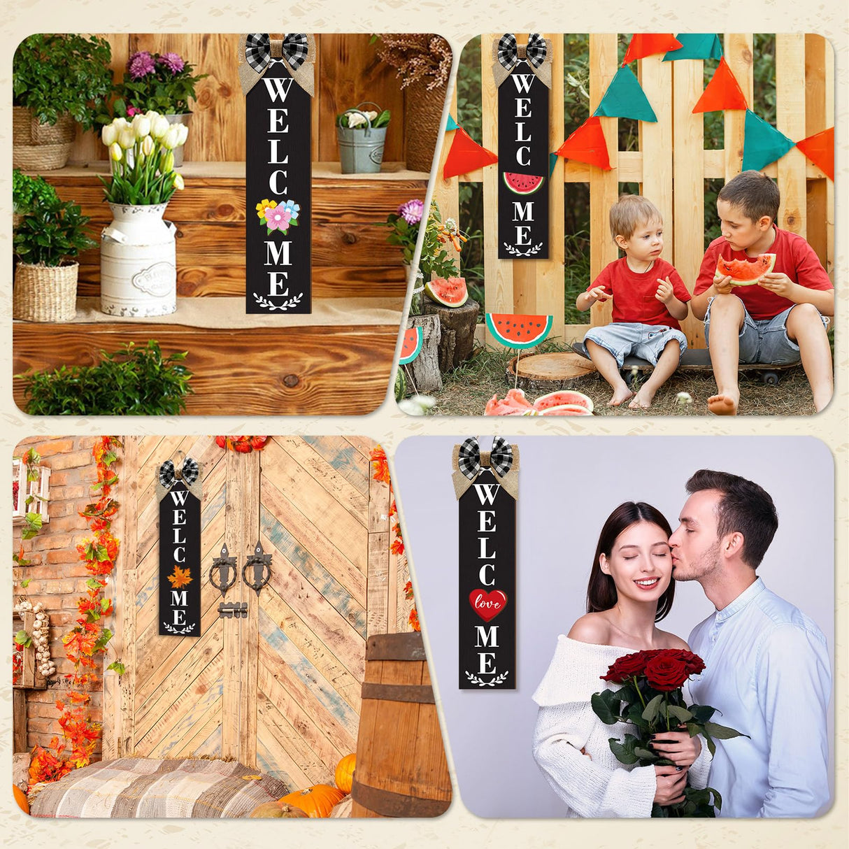 Sintuff Welcome Sign for Front Door Interchangeable Porch Sign with 24 Pcs Holiday Icons Home Farmhouse Welcome Outdoor Seasonal Rustic Sign for Spring Easter St Patrick's Day(Black) Sintuff