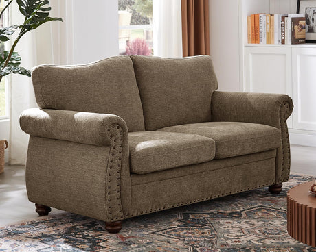 ONBRILL Nailhead Sofa, 66 Inch Small Couch with Rolled Arms, Chenille Fabric Loveseat w/Springs Seat Cushion, Vintage Curved Back, Turned Wood Legs, Comfy Couch for Living Room, Farmhouse, Brown ONBRILL