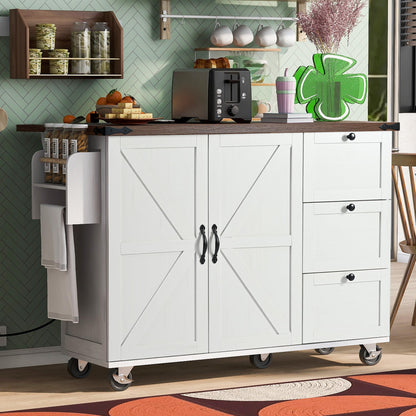 YOPTO Farmhouse Kitchen Island with Power Outlet,Kitchen Storage Island W/Internal Storage Rack,Drop Leaf,Spice Rack,Rolling Kitchen Cart on Wheels for Home,Kitchen and Dining Room,White,54.5"