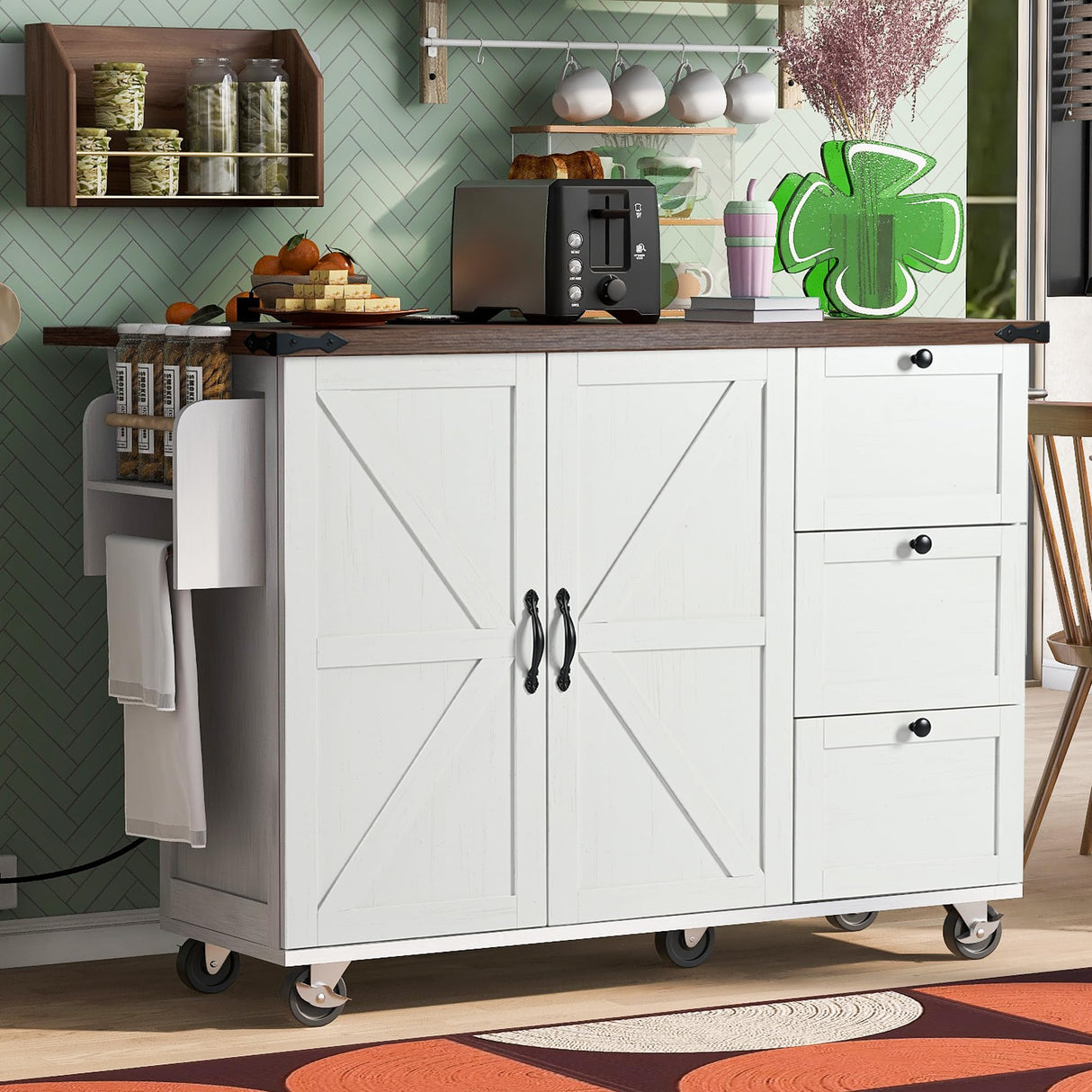 Quarte Farmhouse Mobile Kitchen Island with Power Outlet, Internal Storage Rack and Drop Leaf, 54.5" Rolling Kitchen Cart on Wheels, for Home, Kitchen and Dining Room (White/Mobile) Quarte