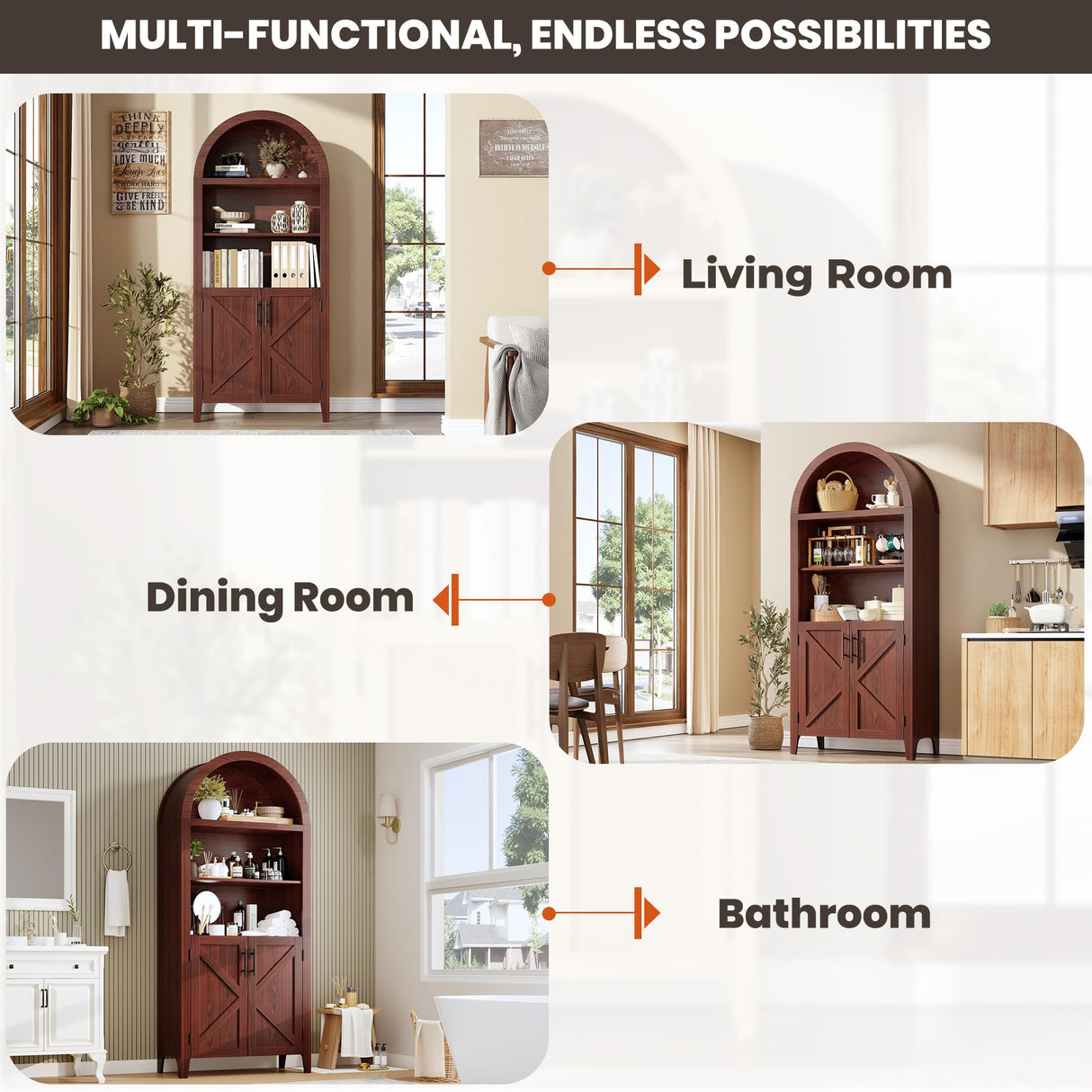 GarveeHome Arched Bookcase with Doors - 5-Tier Open Display Shelf, Modern Bookshelf Storage Cabinet for Home Office Living Room Library, Walnut GarveeHome