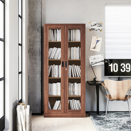 PEUKC Display Cabinet-71 Inches 4 Adjustable Shelves Curio Cabinets with Locking Glass Doors Display Case for Collectibles, Cosmetics, Hydroponics, Books (Wood Color,Assemble Required) PEUKC