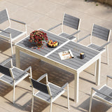 VredHom Outdoor Dining Table, 63"-83" Patio Extendable Dining Table with Grey Wooden-Like Top and White Aluminum Frame, Rectangular Table Outdoor Furniture VredHom