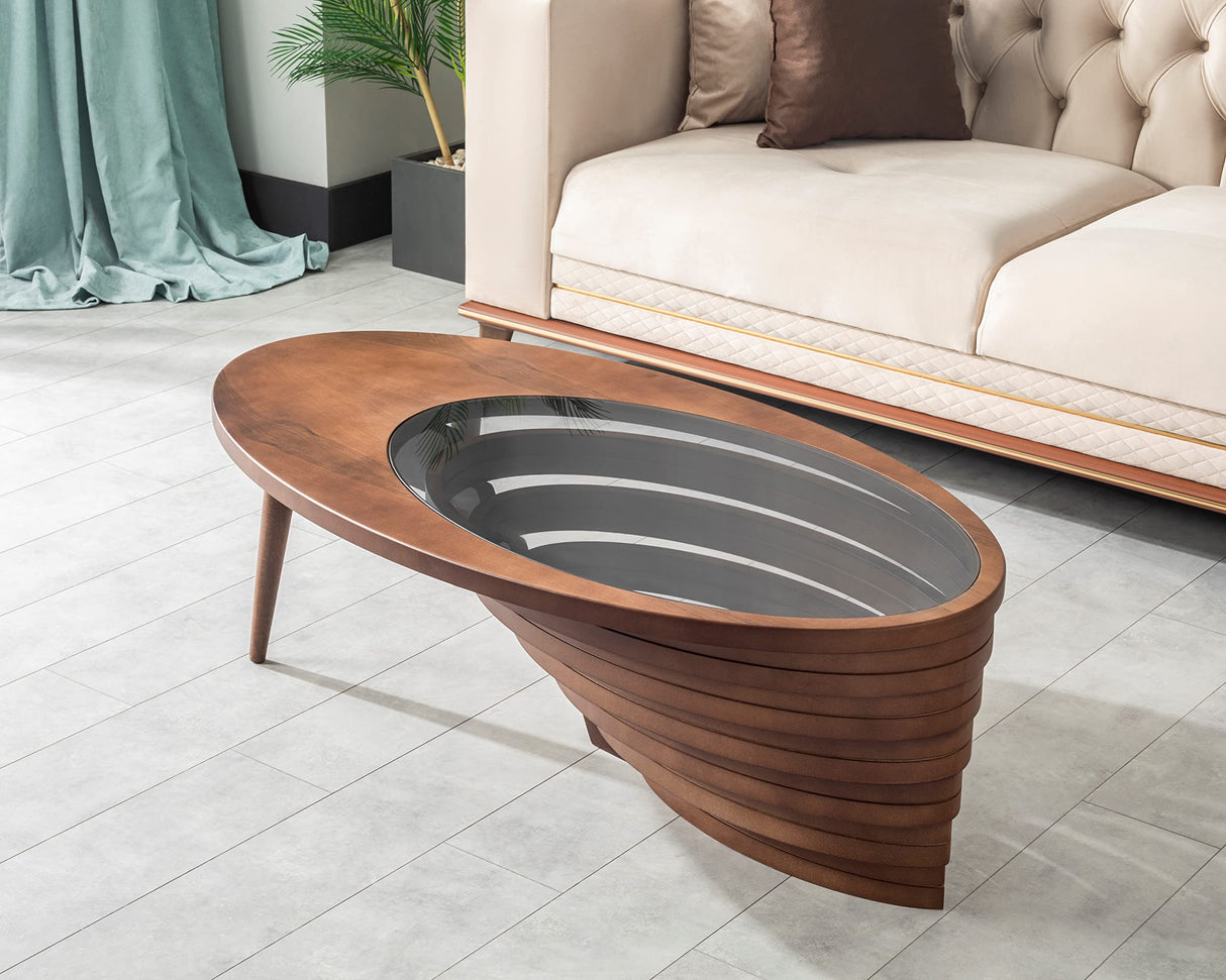 by Papella Design, Natural Walnut Veener Coffee Tables for Living Room, Rustic Table, Mesa De Centro para Sala, Center Table, Glass Table top, Walnut Color, (Drop) Papella modüler mobilya