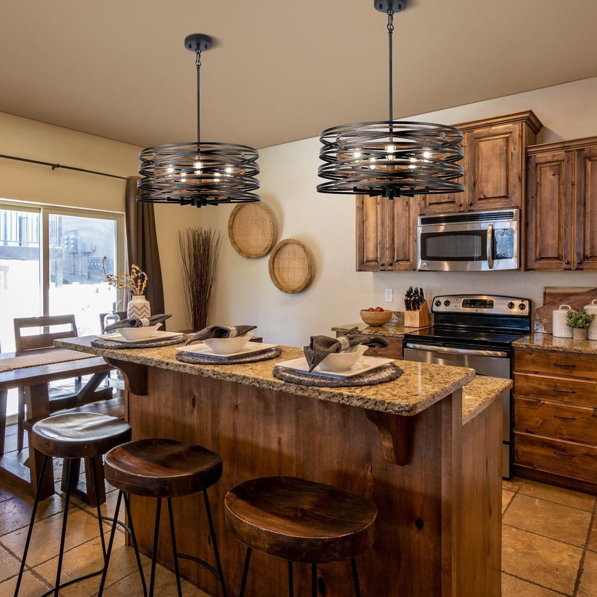 WBinDX 5-Light Drum Chandelier, 18.9'' Black Faux Wood Metal Farmhouse Dining Room Light Fixture, Rustic Industrial Retro Hanging Round Chandeliers for Kitchen Table Foyer Entryway Living Room WBinDX