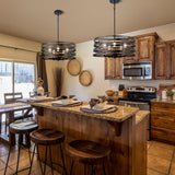 WBinDX 5-Light Drum Chandelier, 18.9'' Black Faux Wood Metal Farmhouse Dining Room Light Fixture, Rustic Industrial Retro Hanging Round Chandeliers for Kitchen Table Foyer Entryway Living Room WBinDX