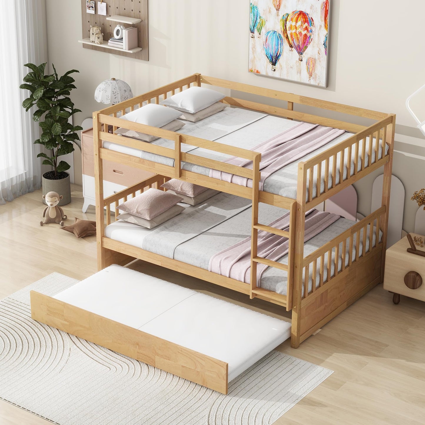 WIILAYOK Full Over Full Bunk Bed with Trundle, Convertible to 2 Platform Bed, Solid Wood Bunk Bed with Ladder and Safety Rails for Teens, Adults, Natural