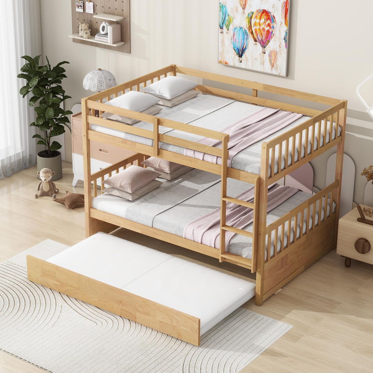 Bellemave Full Over Full Bunk Bed with Trundle,Convertible Bunk Beds with Ladder & Safety Guardrails,Full Size Trundle Bunk Beds for Kids Girls Boys,White Oak Bellemave