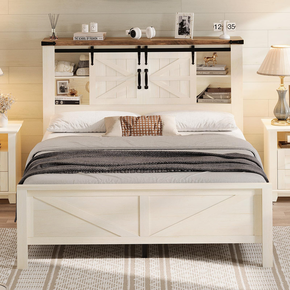 LUXOAK Farmhouse Bed Frame with Sliding Barn Door Storage Headboard, Full Size Bookcase Bed with Charging Station & Adjustable Shelf, No Box Spring Needed, Antique White LUXOAK