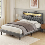 Modern Upholstered FYRENA Queen Bed Frame with Storage Headboard, LED Lights, USB Ports & Strong Wood Slats Support FYRENA